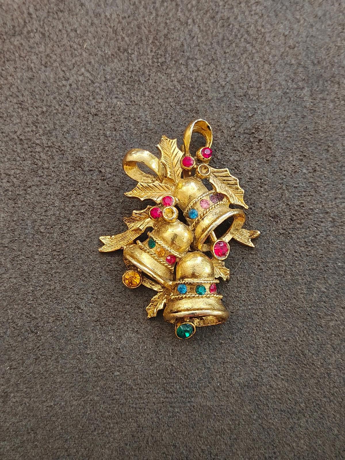 1970s Beatrix Gold Tone With Rhinestones Christmas Bell Brooch.