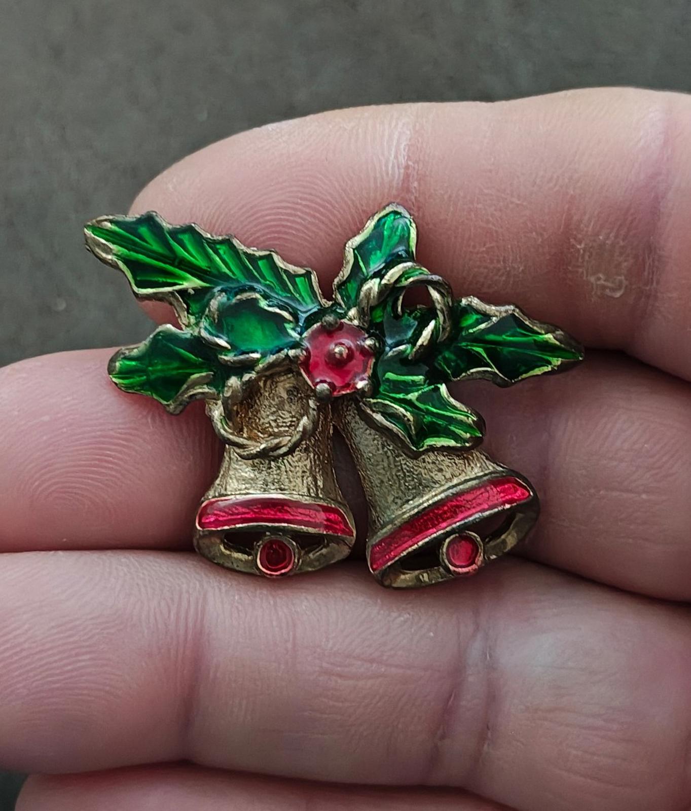1970s Gold Tone Enamel Christmas Bells Brooch Pin