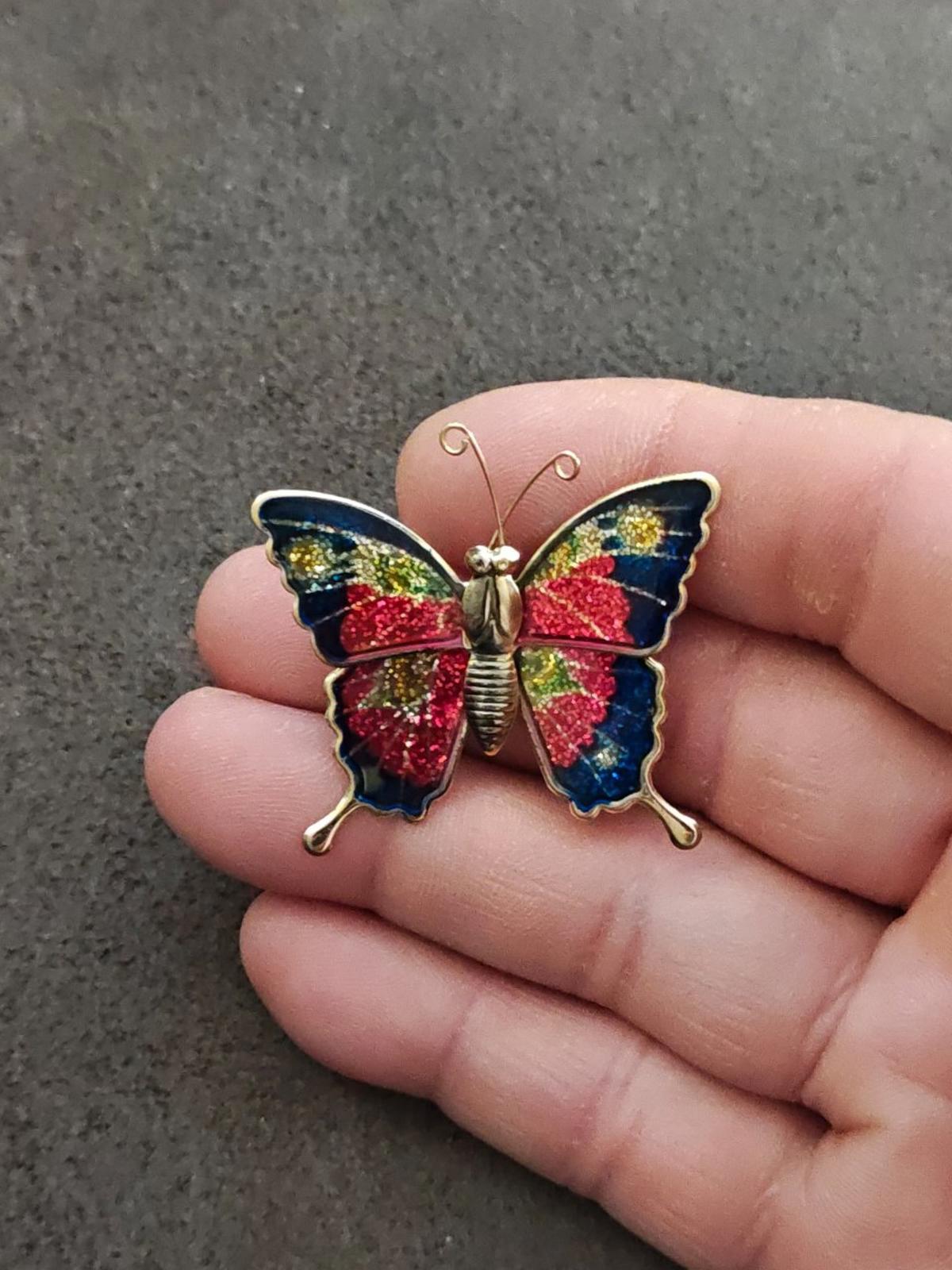 1970s Gold Tone Butterfly With Enamel & Glitter Accents Brooch
