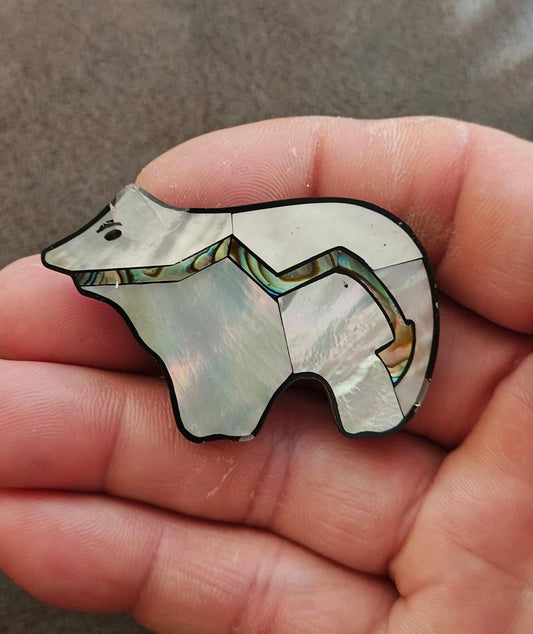 1990s Native American Zuni Style Mother of Pearl and Abalone Shell Bear Brooch