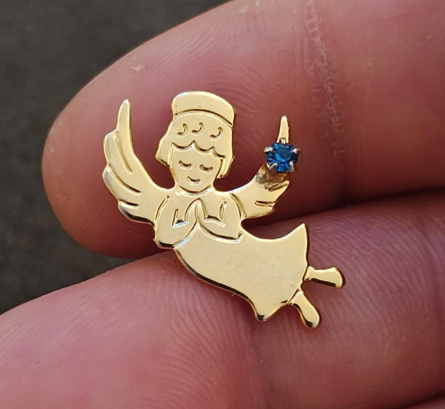 1980s Gold Told Guardian Angel With Small Blue Birthstone Rhinestone Pin