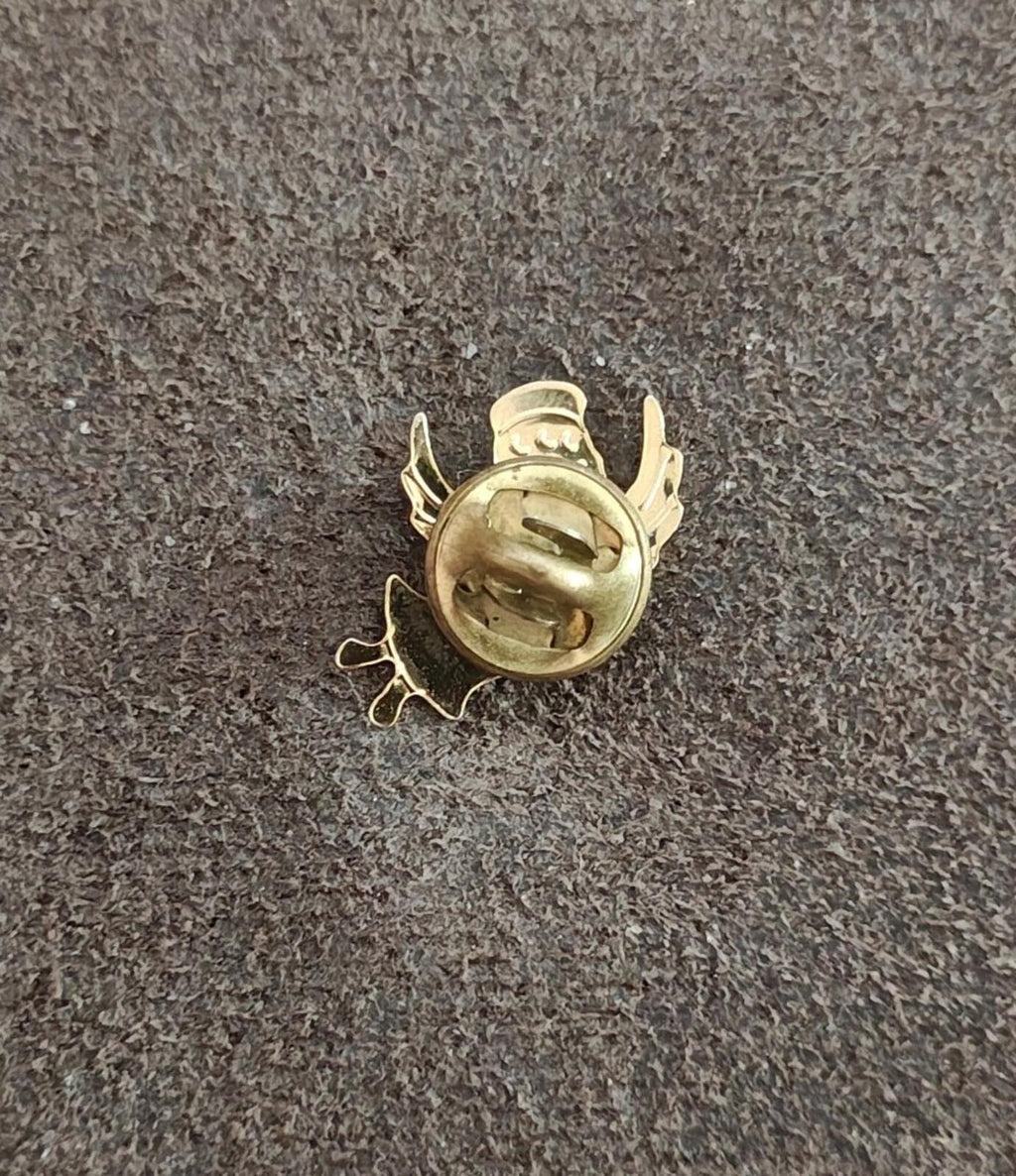 Gold angel lapel pin back view with clasp and pin safety