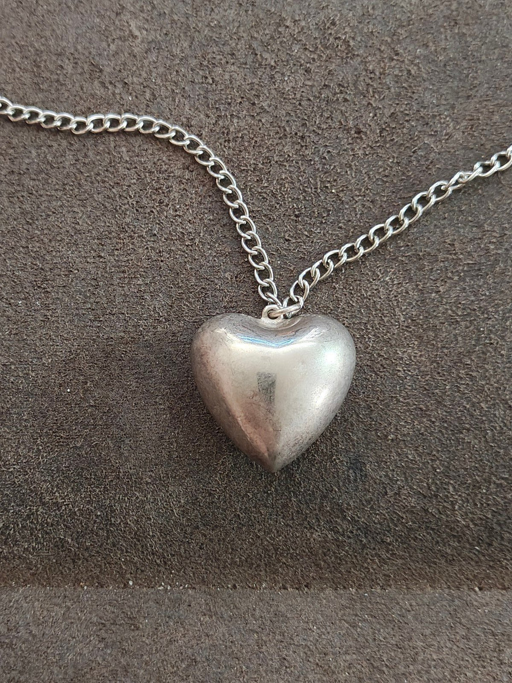 Vintage Style Silver Tone Puffy Heart Pendant Necklace