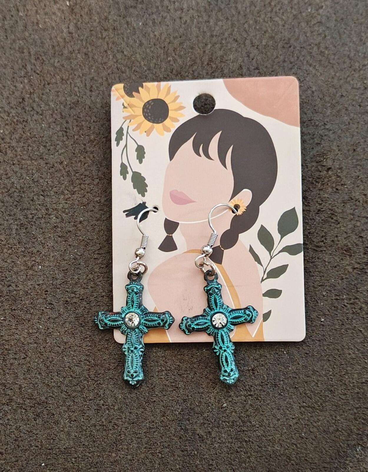 Antique Style Turquoise Cross Earrings Rhinestone Center Silver Tone Ear Wires