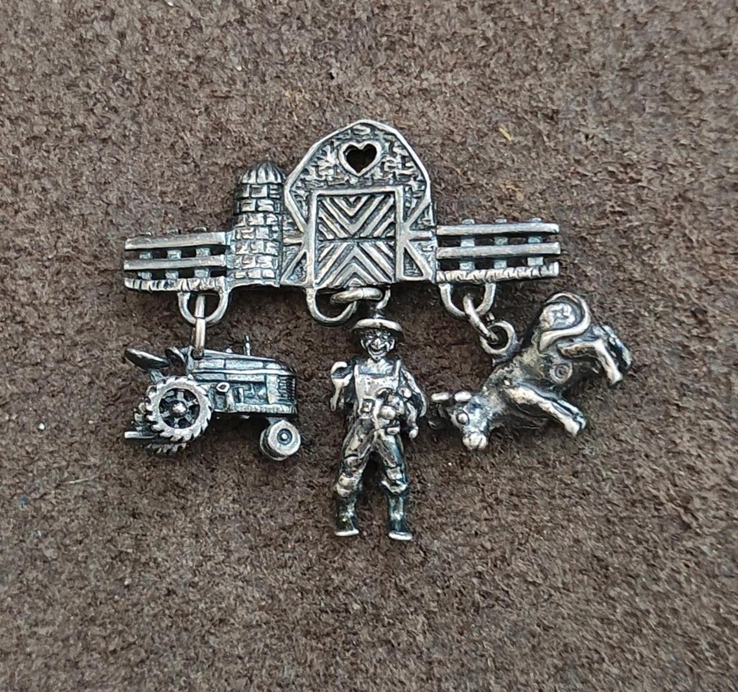 1990s Antiqued Sterling Silver Farm  Charm Dangle Pin