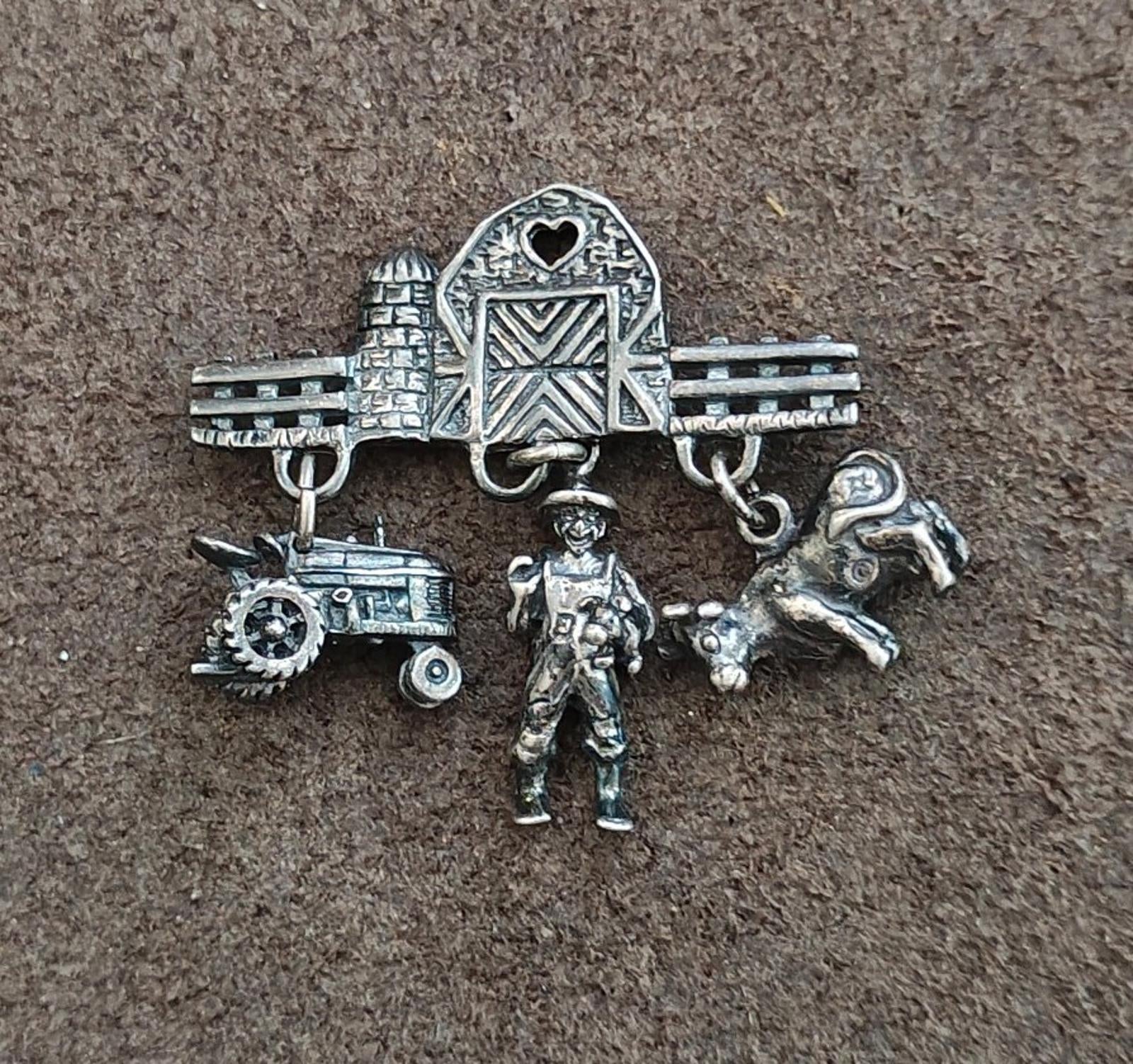 Antiqued sterling silver farm-themed dangle pin with heart barn, cowboy, tractor, and dog