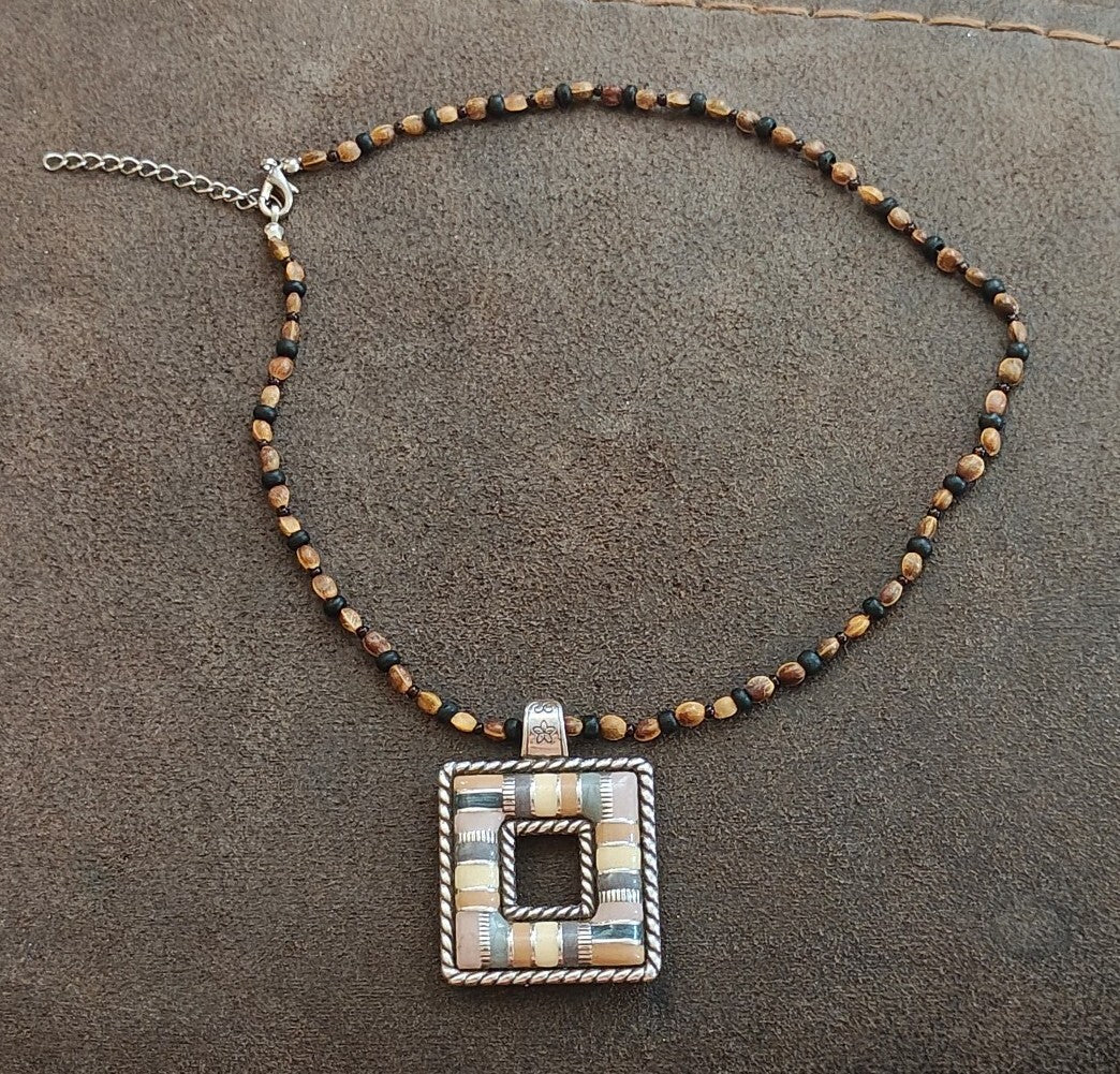 Retired Brighton "Cabana" Square  Pendant Necklace With Custom Beaded Strand