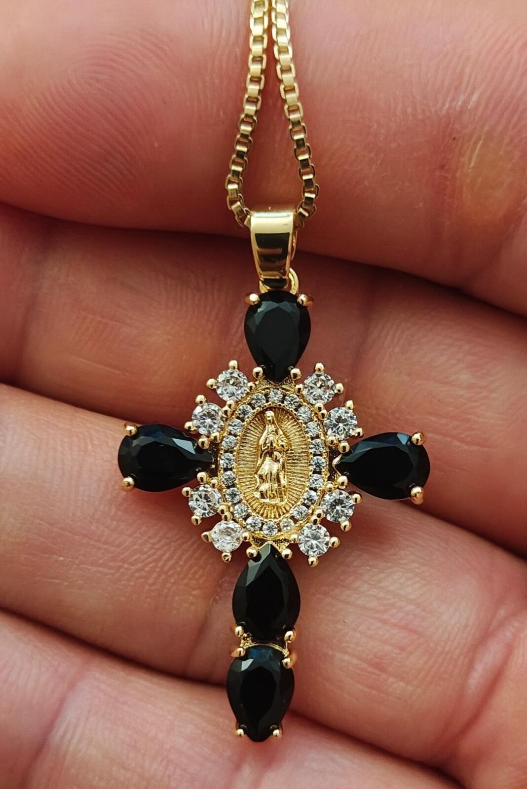 Gold Tone Virgin Mary Cross Pendant Necklace With CZ Stones & Black Stones