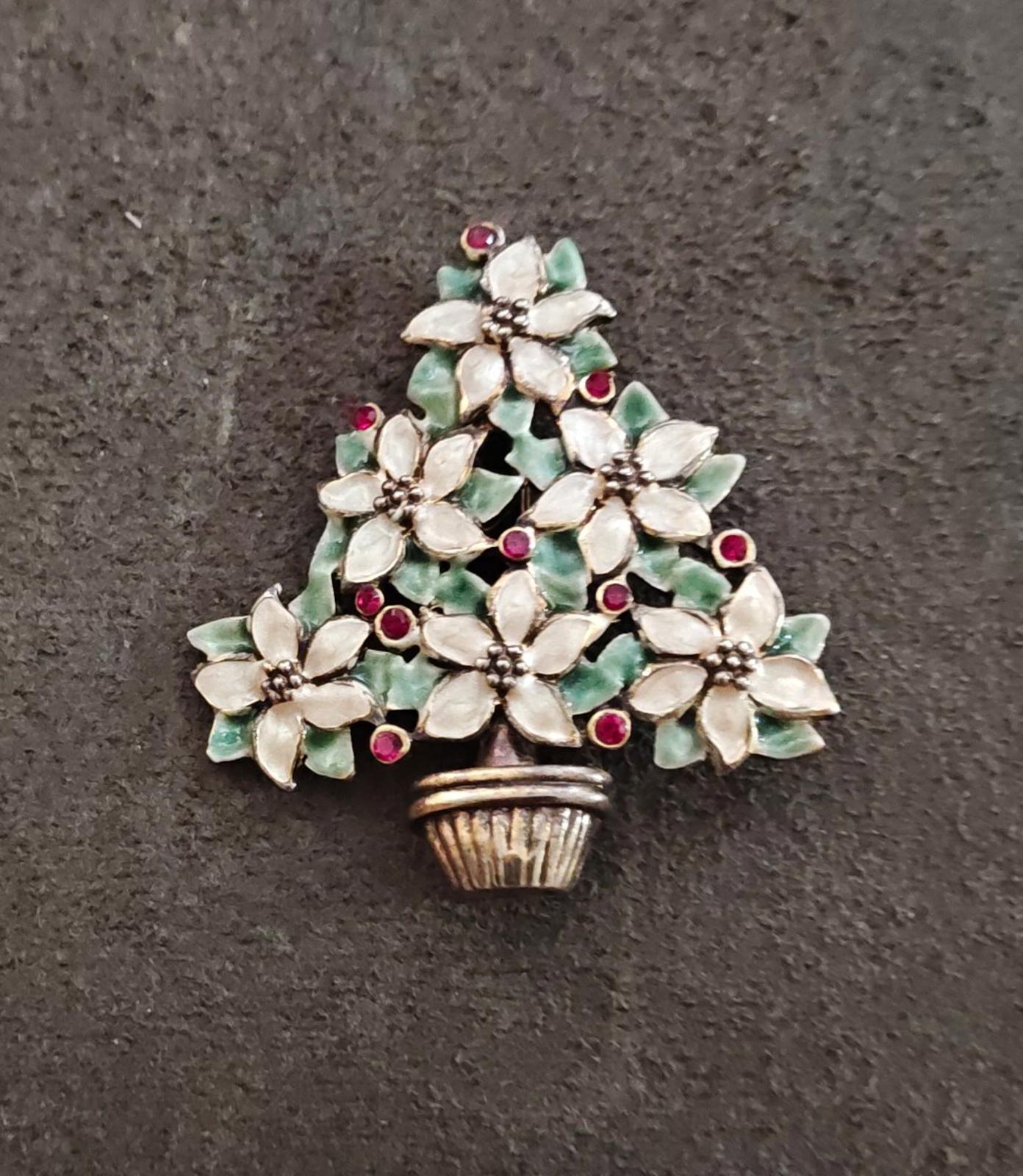 1960s Gold Tone Christmas Tree Brooch Featuring a Poinsettia Floral Design