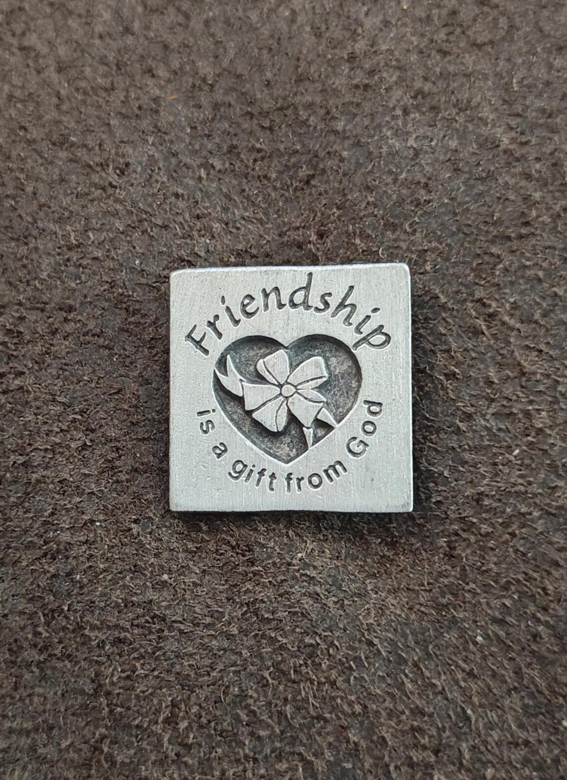 80s "Friendship is a gift from God" Pewter Pin With Engraved Heart & Ribbon