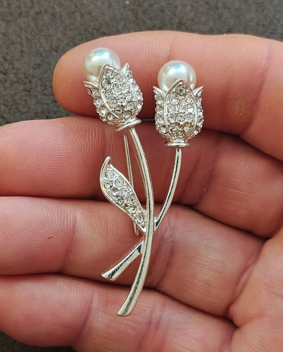1990s Silver Tone With Sparkling Rhinestones Tulips With Faux Pearls Brooch