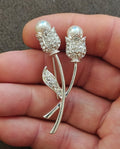 1990s Silver Tone With Sparkling Rhinestones Tulips With Faux Pearls Brooch