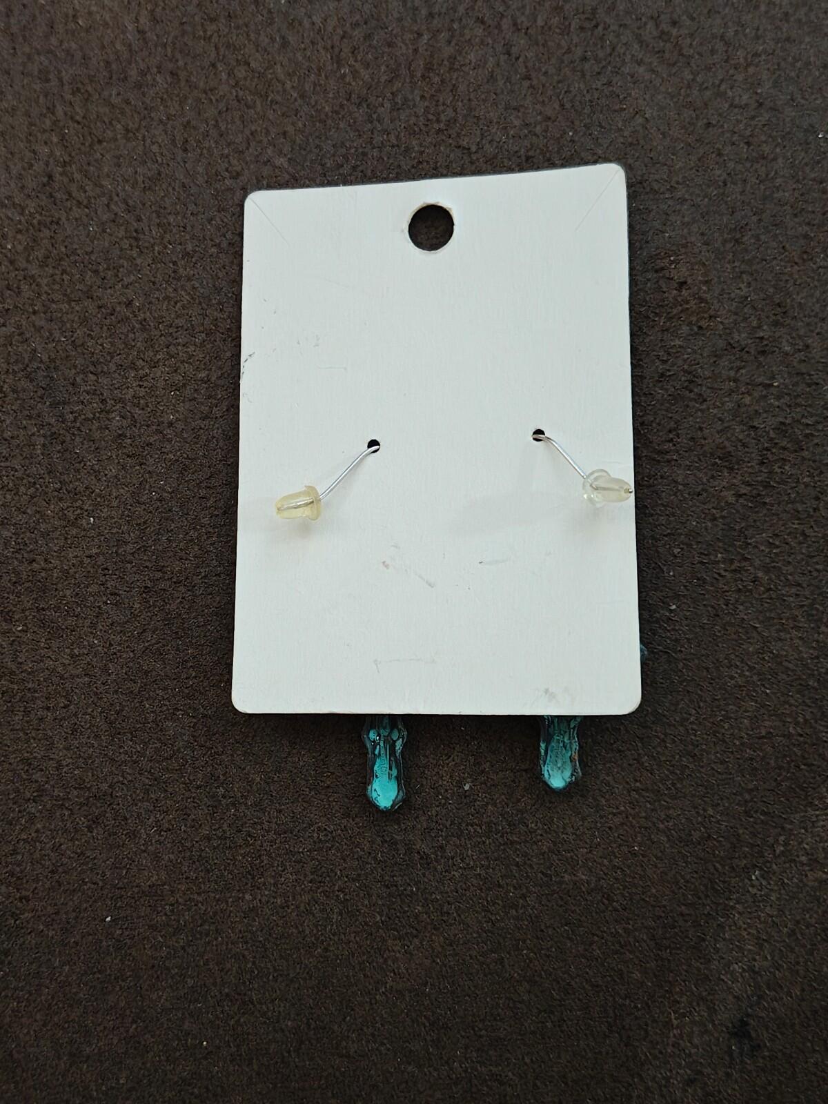 Antique Style Turquoise Cross Earrings Rhinestone Center Silver Tone Ear Wires
