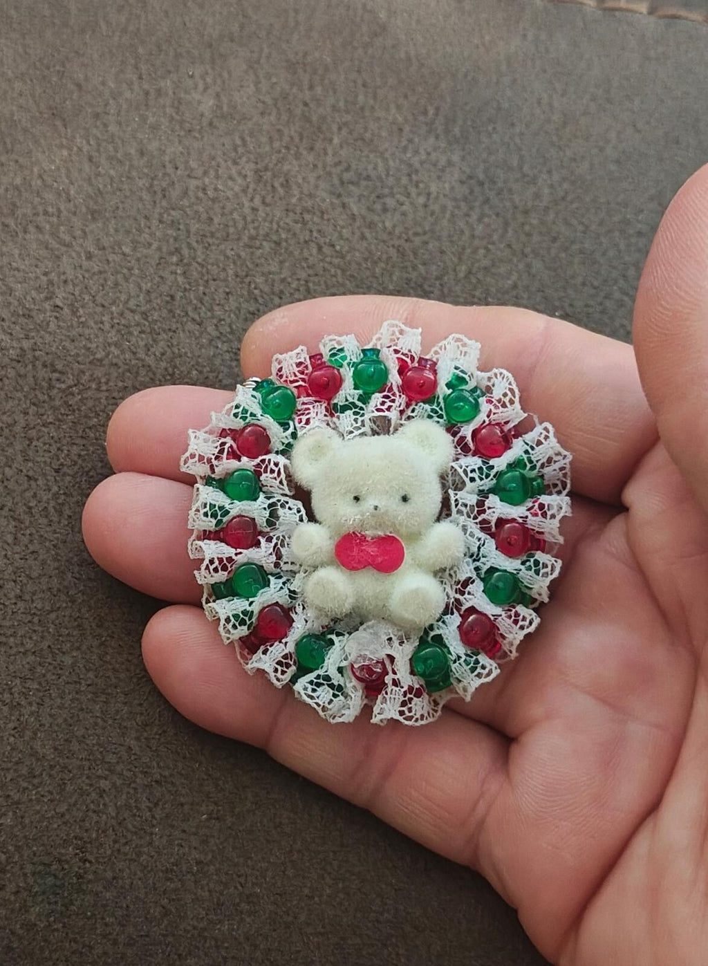 1980s Handmade Christmas Teddy Bear Holiday Wreath Brooch