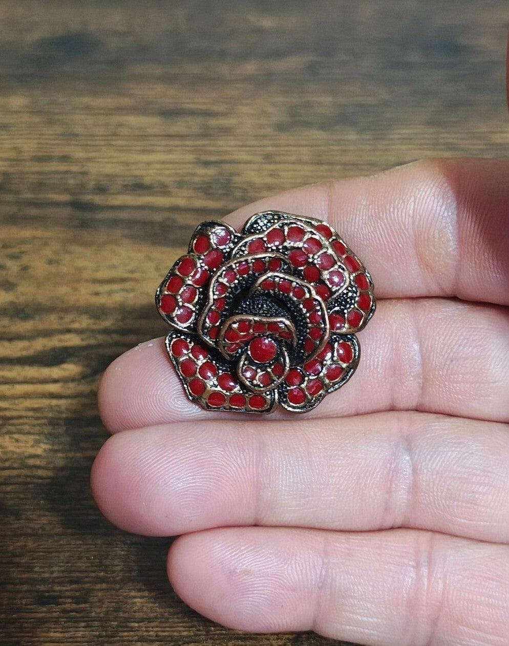 Three Dimensional Vintage Style Red Enamel Rose Statement Adjustable Ring.