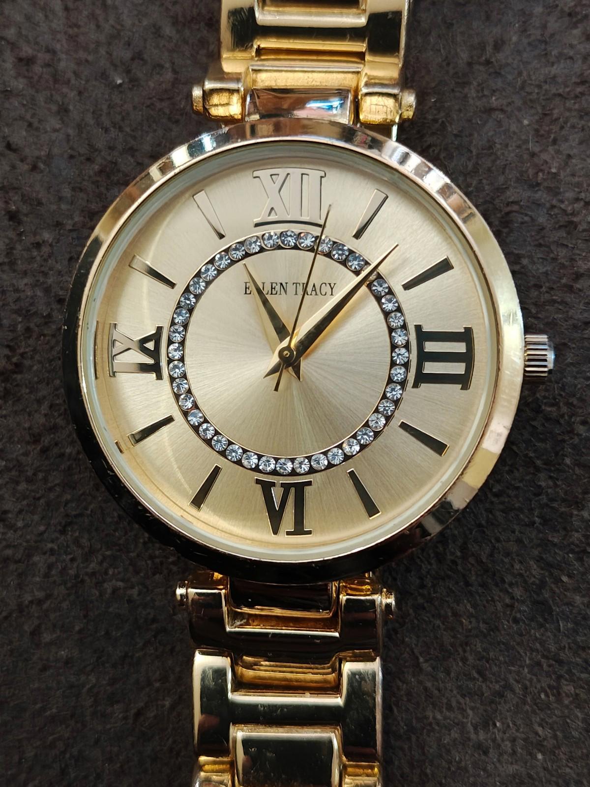 Ellen Tracy Roman Numerals Gold Dial With Crystal Accents Ladies Watch