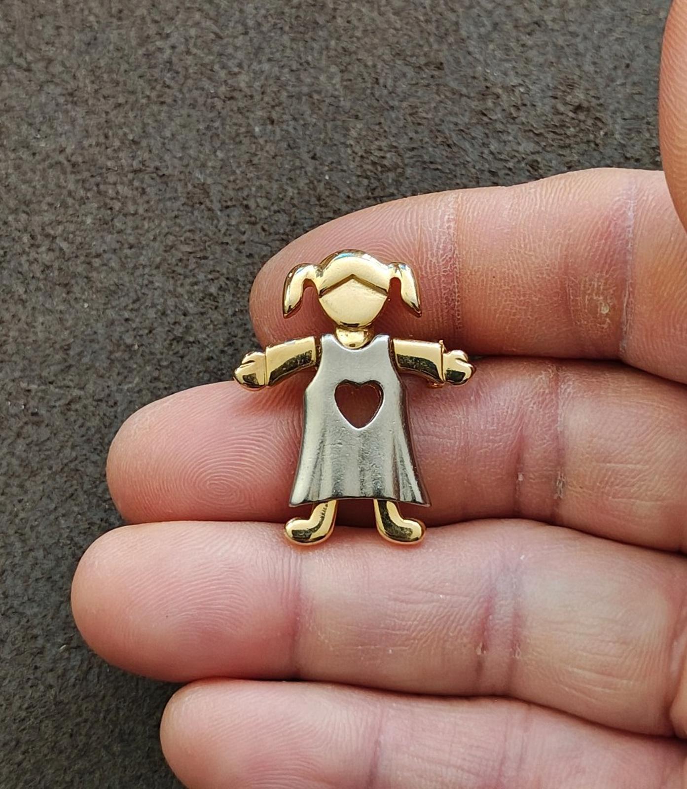 1990s Two Tone Little Girl With Pigtails In Dress With Heart Shaped Cutout Brooch