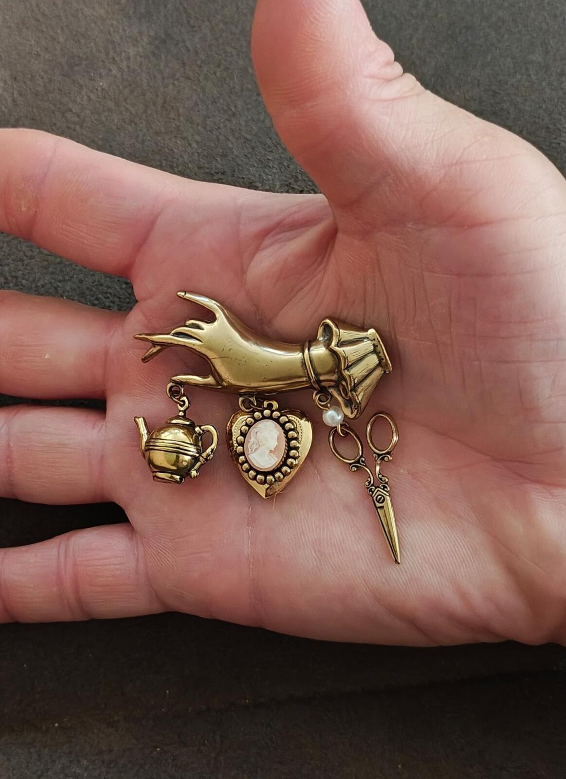 1980s/90s Victorian Style Chatelaine Inspired  Gold Tone Charm Dangle Brooch