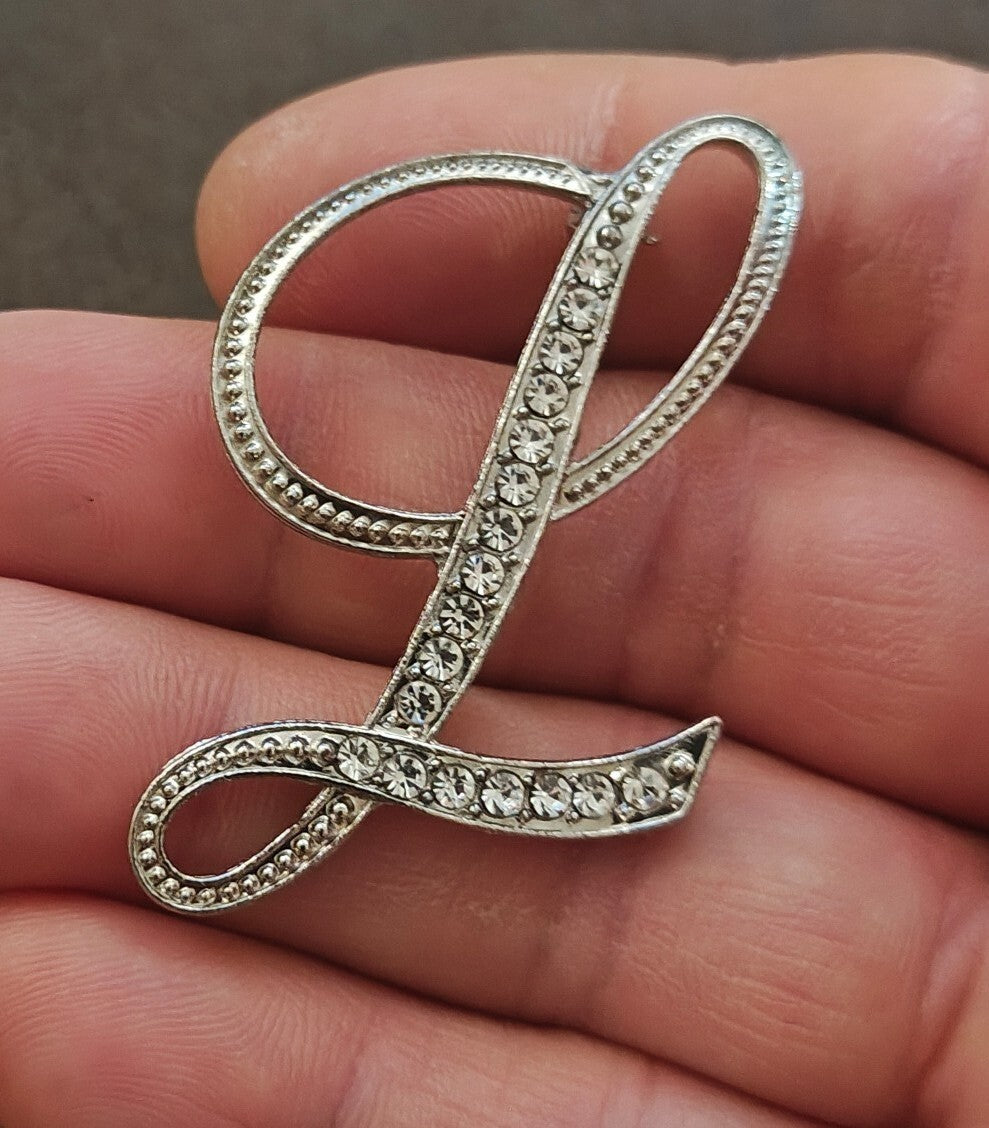 Silver Tone Monogram Initial "L" With Sparkling Clear Rhinestones Brooch