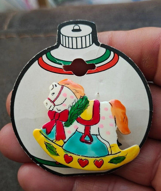 1980s Vintage Rocking Horse Holiday Plastic Pin Brooch New