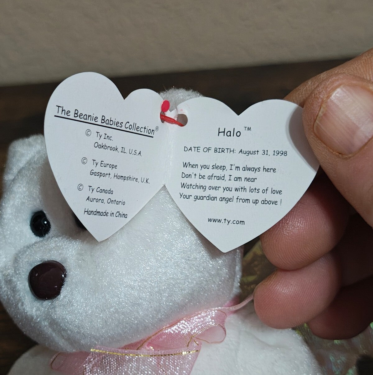 1998 Rare Retired Ty Halo the Angel Bear Beanie Baby Plush