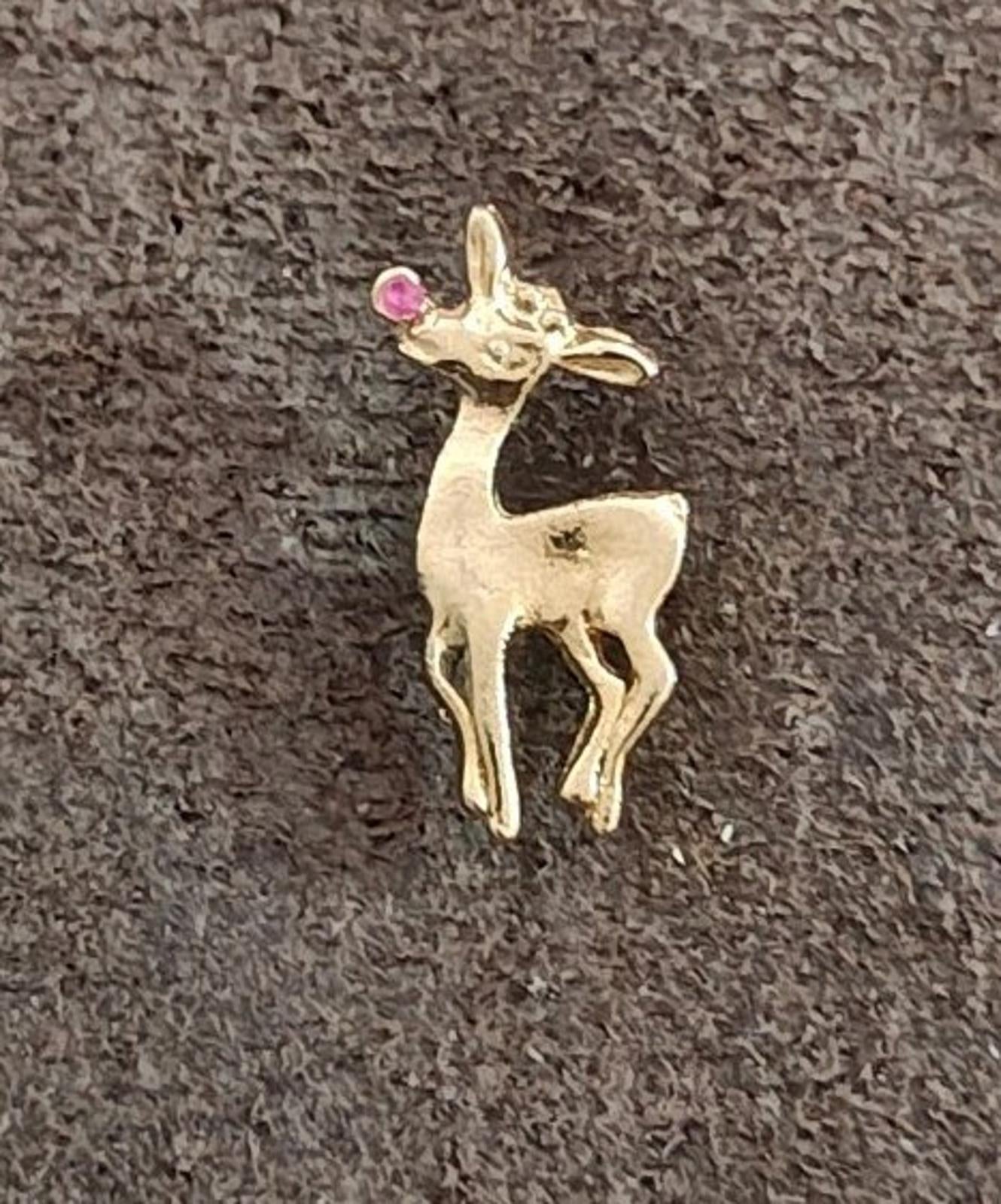 80s Rudolph Red Nosed Reindeer Harriet Carter Genuine Ruby 24k GEP Pin