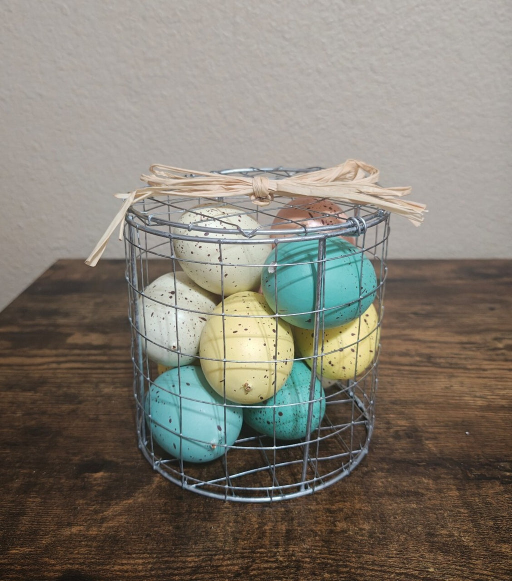 Spring Decorative Easter Eggs In Wire Basket
