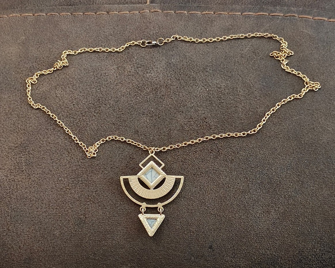 Modern Geometric Abstract Gemmed Gold Tone Pendant Necklace