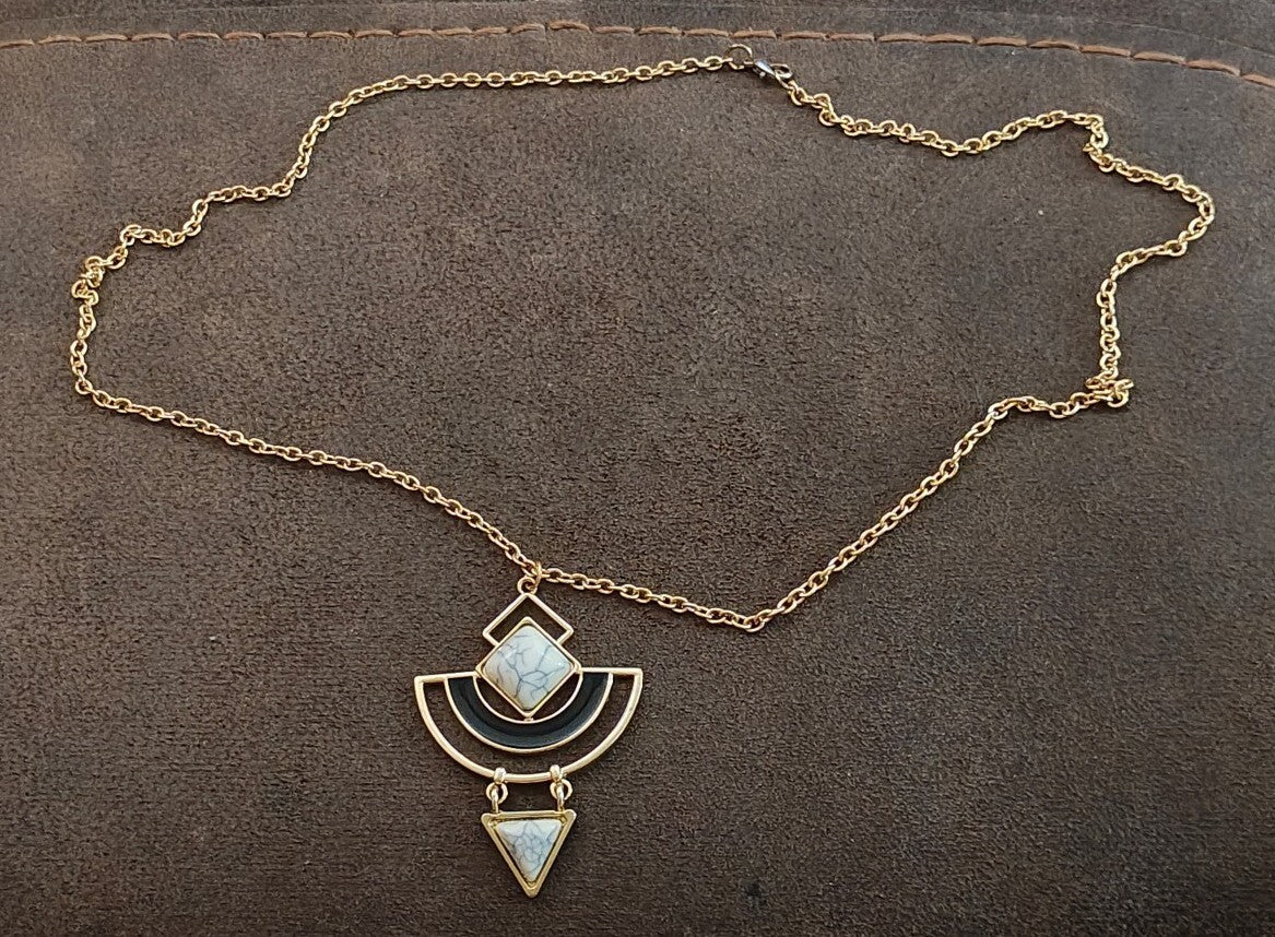 Modern Geometric Abstract Gemmed Gold Tone Pendant Necklace