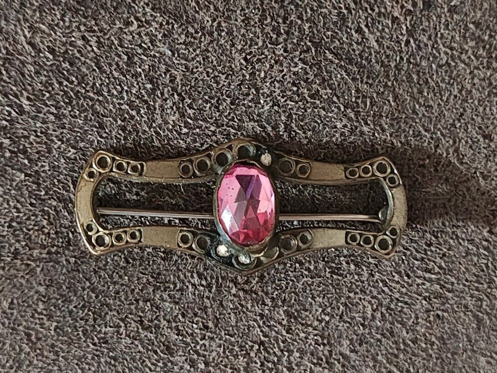 Beautiful Antique 1900s Victorian Filigree Gold Tone With Pink Stone Brooch Pin.