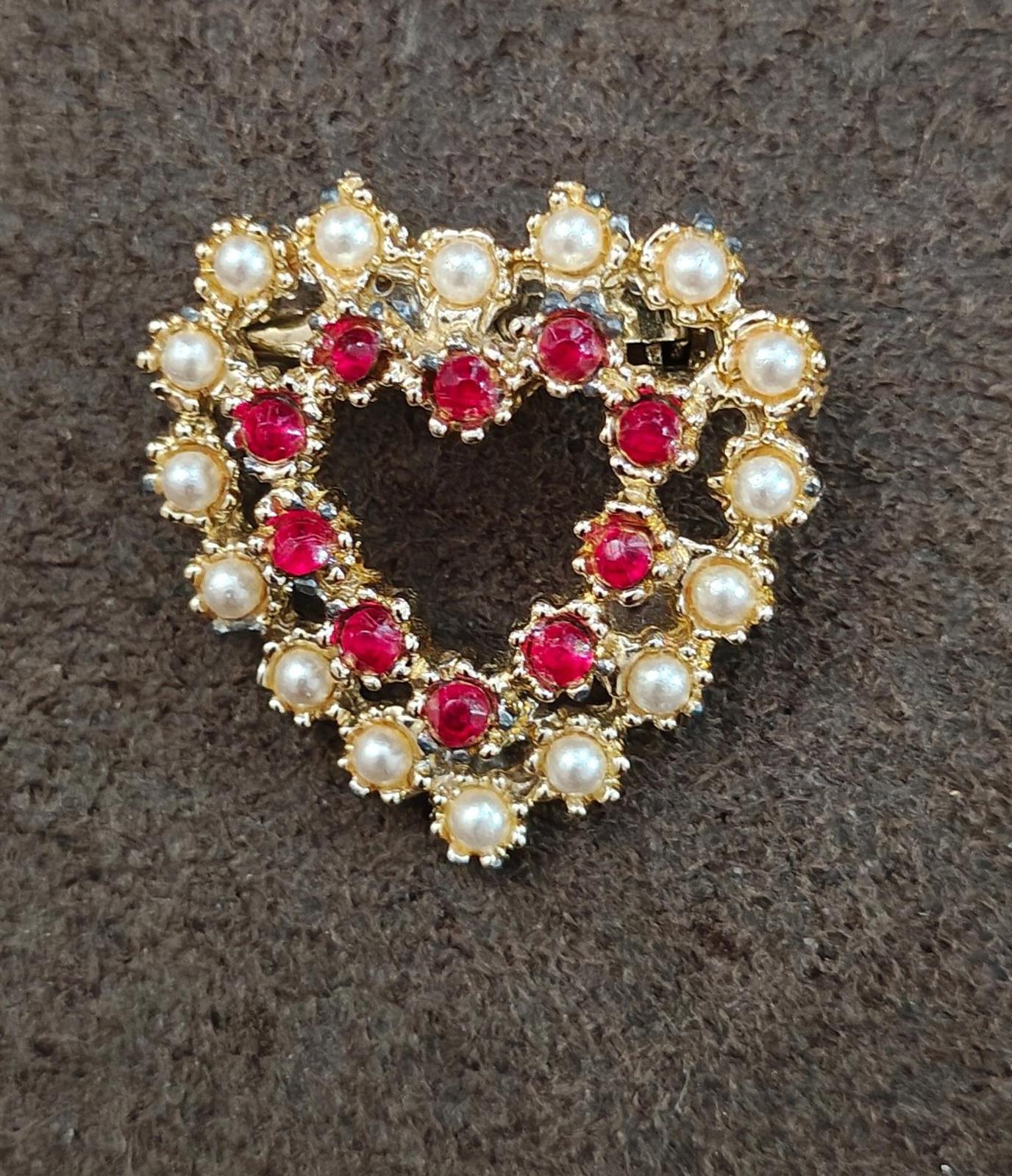 1980's Gold Tone Red Rhinestones and Faux Pearls Heart Brooch Pin