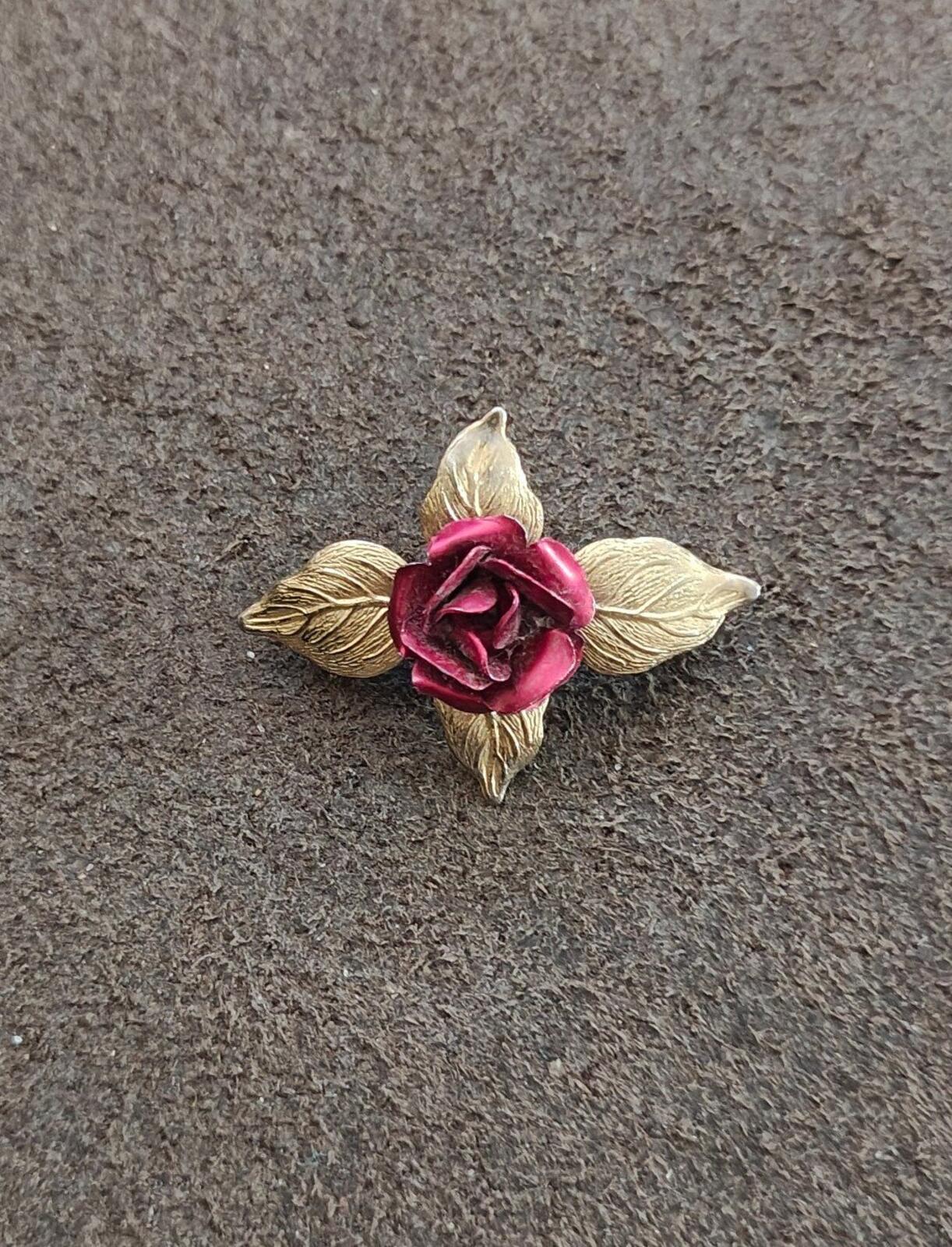 1970s/80s 3D Gold Tone Textured Red Enamel Rose Brooch
