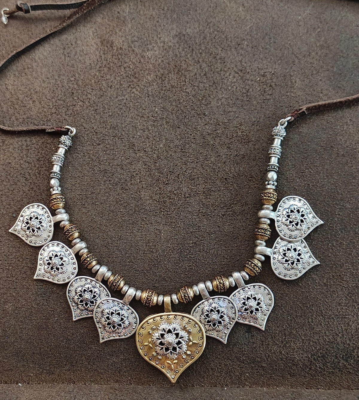 Lucky Brand Two Tone Medallion Bead & Adjustable Leather Cord Pendant Necklace