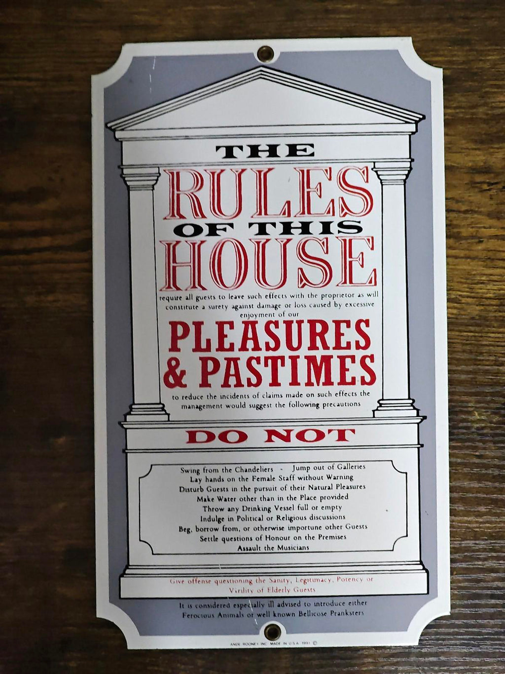 1991 Ande Rooney "The Rules of This House" Porcelain Enamel Metal Sign