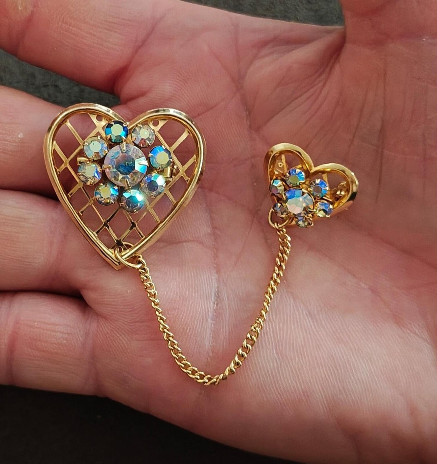 1950s Double Heart With Aurora Borealis Rhinestones Gold Tone Brooch