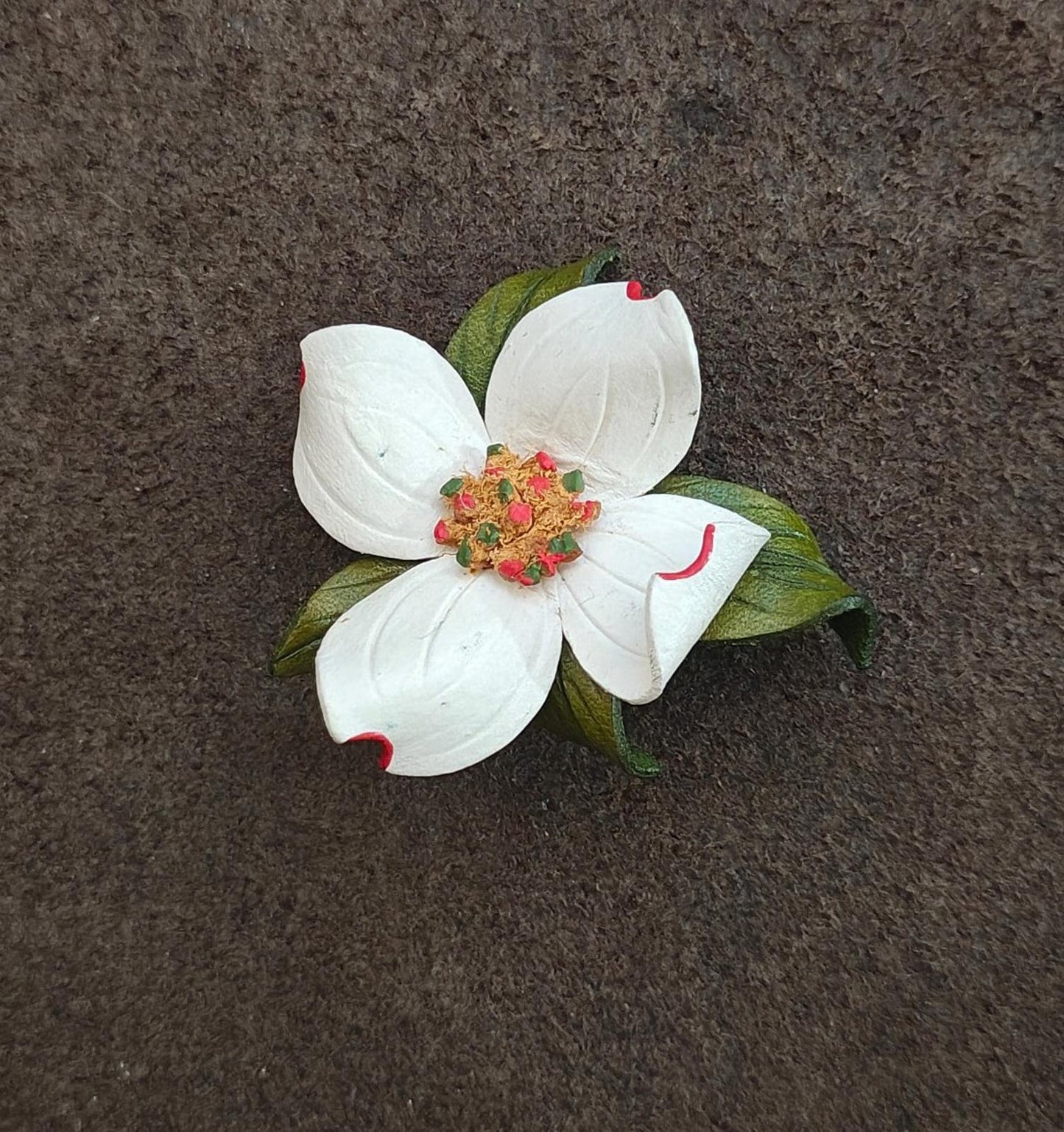 1980s Handcrafted Leather Dogwood Flower Brooch