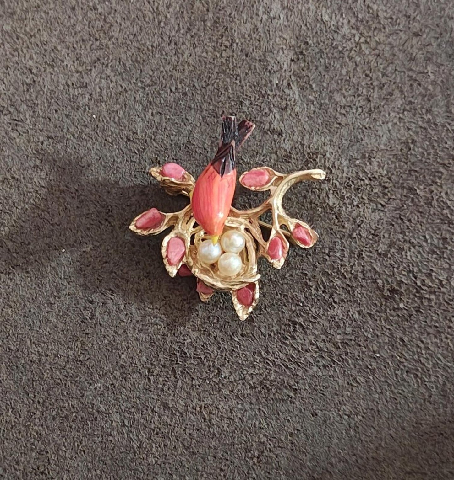 1960's Swoboda Mama Bird in a Nest full of Cultured Pearls Brooch Pin