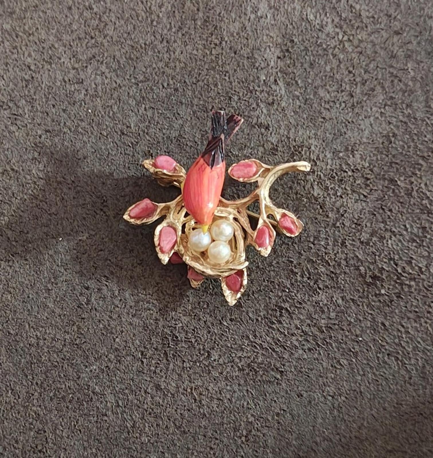 1960's Swoboda Mama Bird in a Nest full of Cultured Pearls Brooch Pin