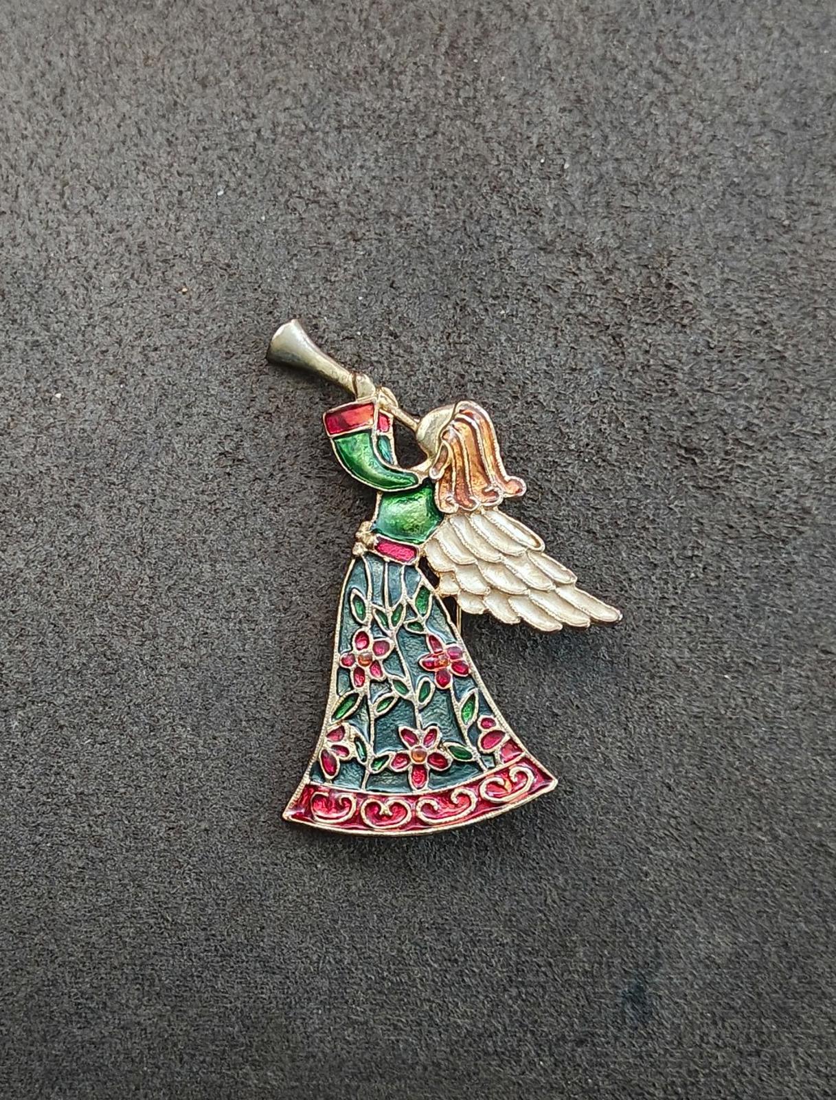 1980s Tanya's Creations Angel Blowing a Horn Gold Tone Enamel Brooch Pin