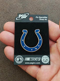 Blue and gold horseshoe enamel pin on black PSG card, front design