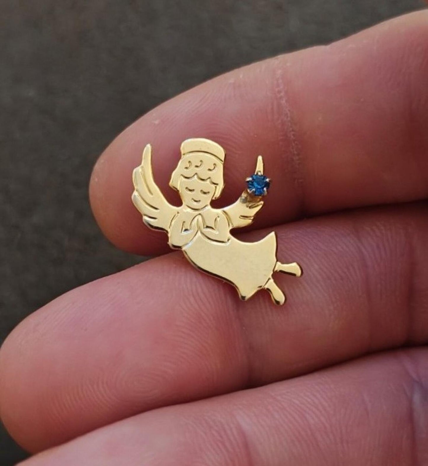 1980s Gold Told Guardian Angel With Small Blue Birthstone Rhinestone Pin