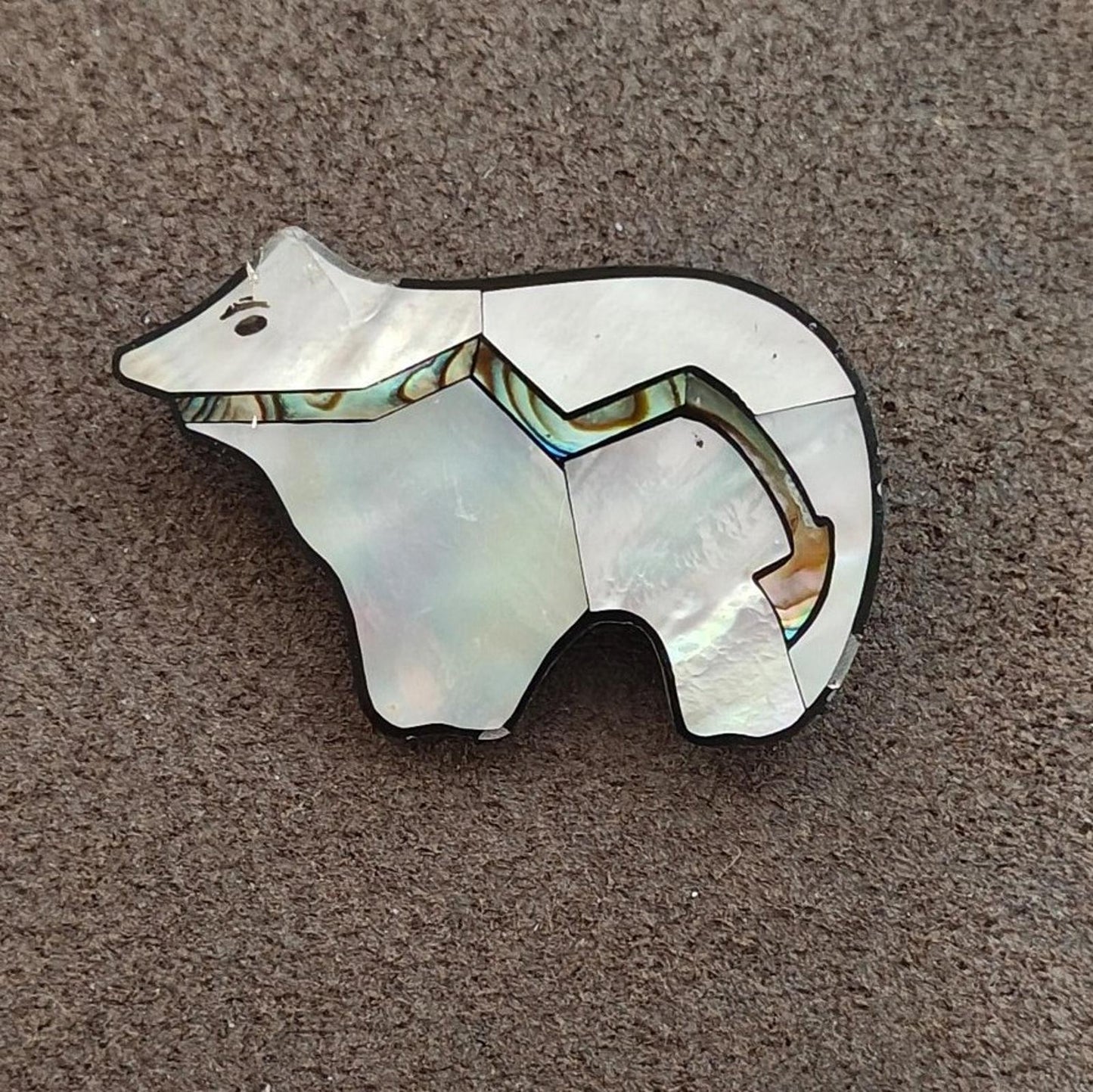 1990s Native American Zuni Style Mother of Pearl and Abalone Shell Bear Brooch