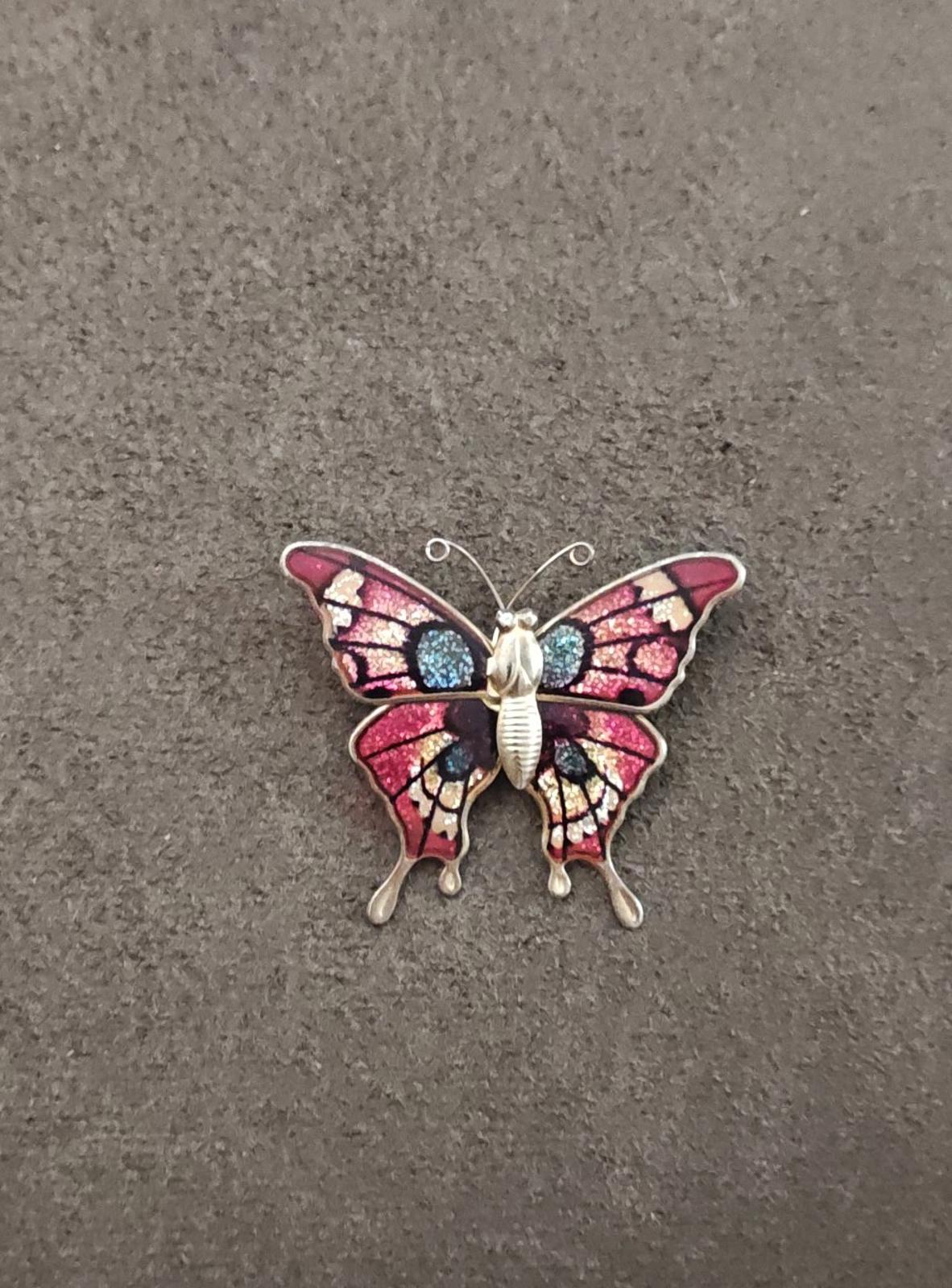 1970s Gold Tone Butterfly With Enamel & Glitter Accents Brooch