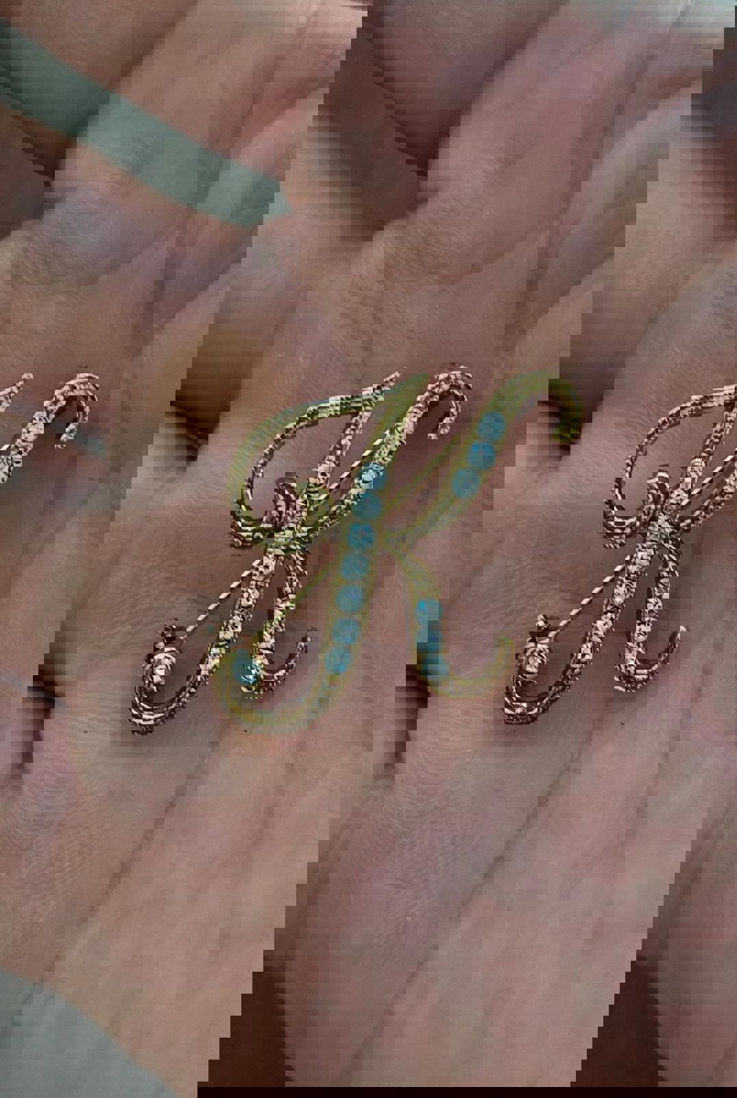 1980's Monogram Initial K with Rhinestones Gold Tone Brooch Pin