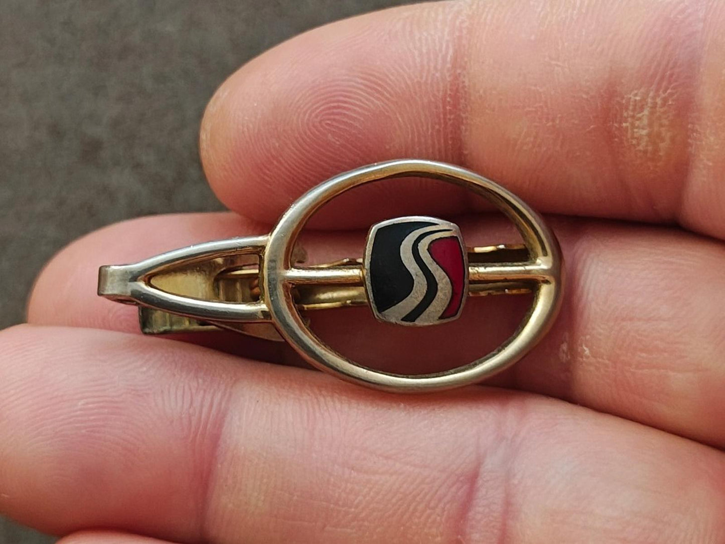 1980s Gold Tone Enamel Highway Tie Clip