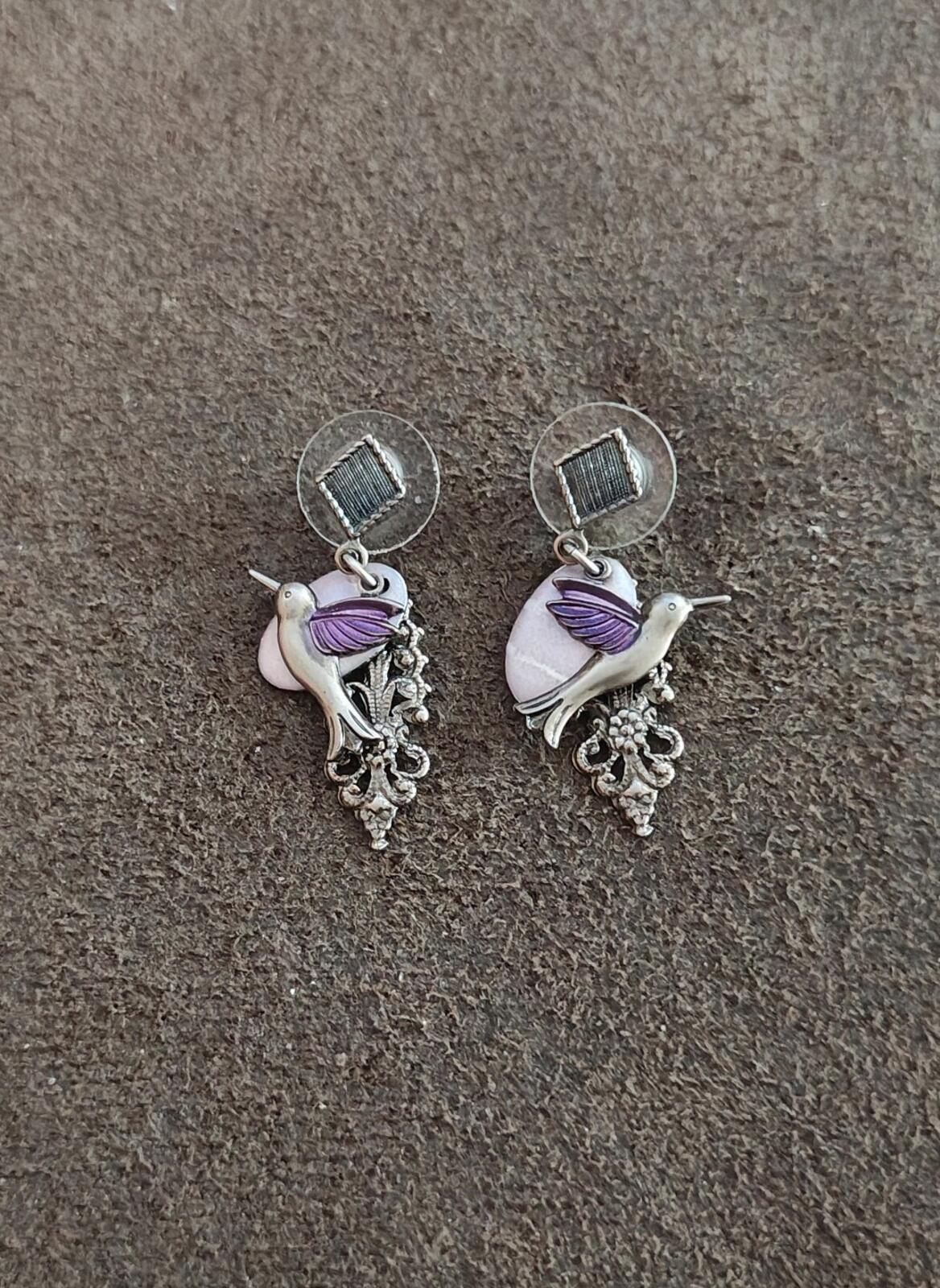 Silver Forest Silver Tone Hummingbird Purple Enamel Filigree Dangle Earrings