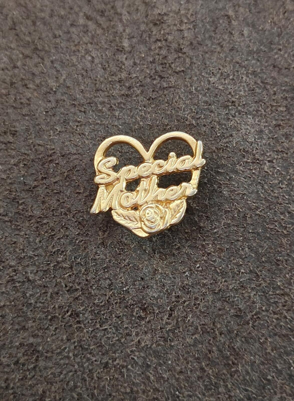 Gold-tone heart-shaped "Special Mother" pin with rose at bottom