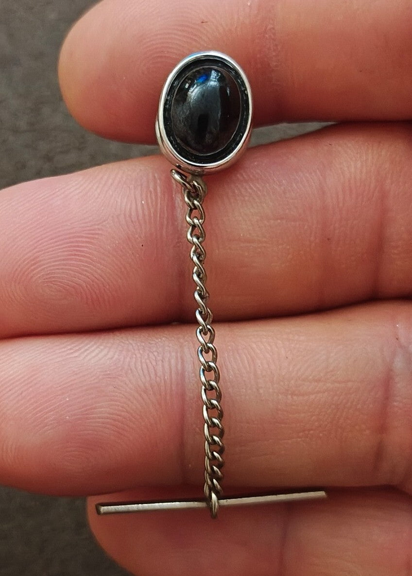 1950s/60s Swank Silver Tone Tie Tack/Lapel Pin With An Oval Dark Cabochon