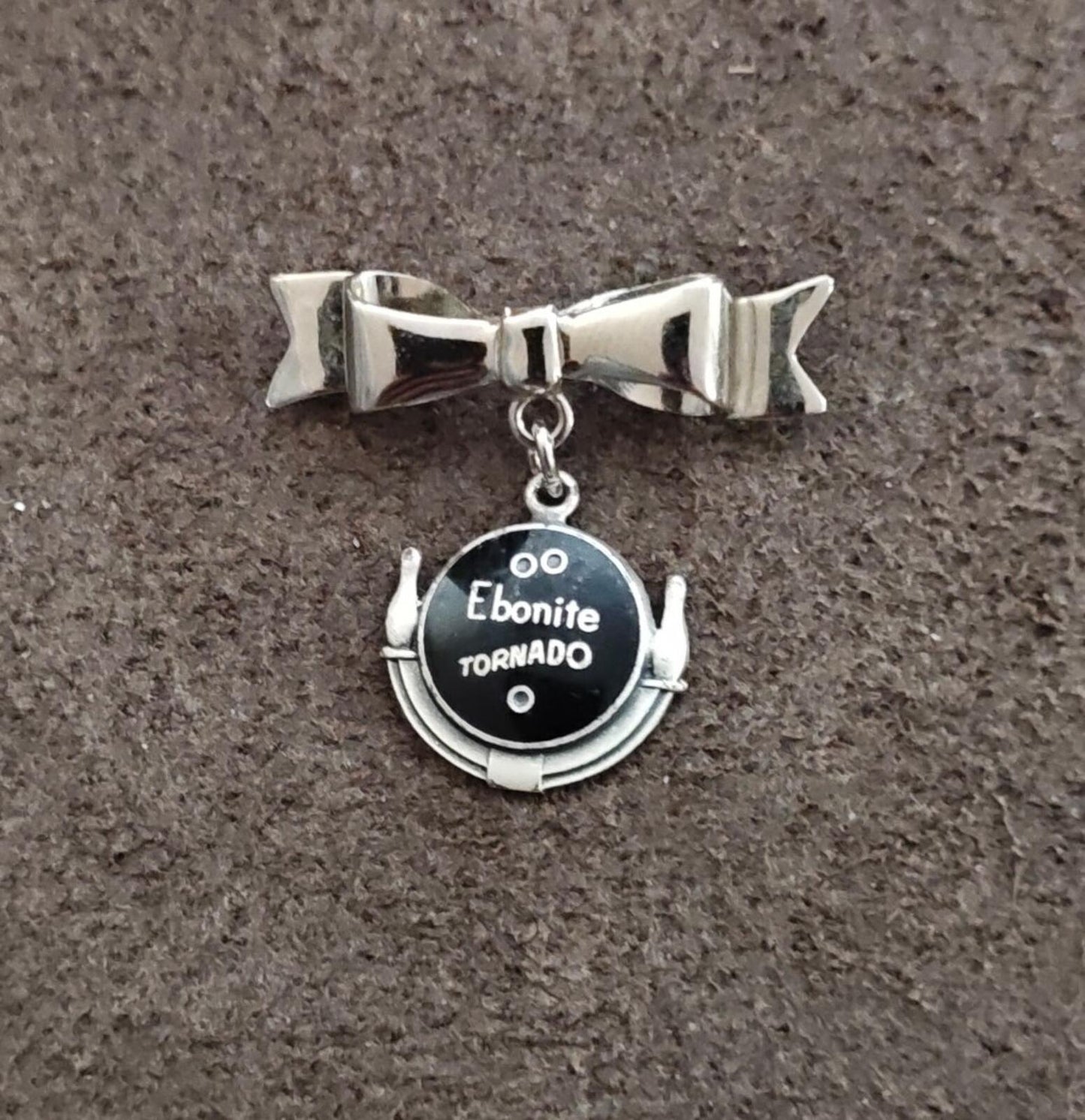 1950s Silver Tone Ebonite Tornado Bowling Ball Dangle Brooch