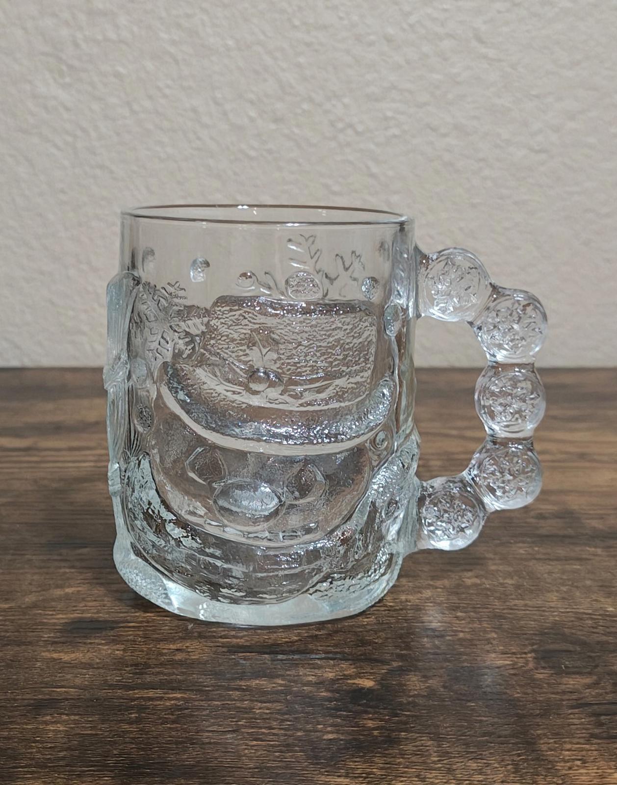 1980s Luminarc Snowman With Snowflakes 3D Embossed Clear Glass Mug